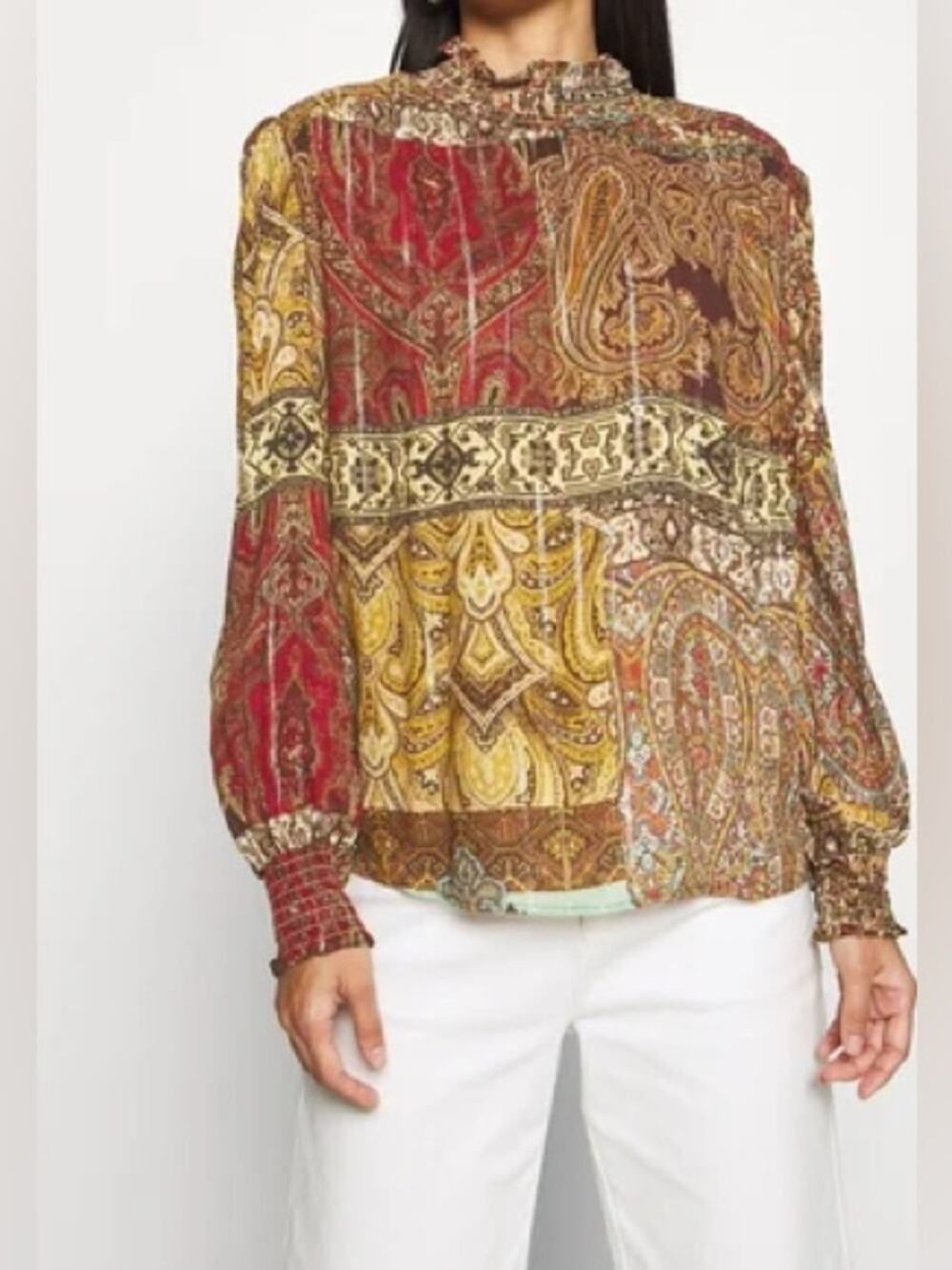 Desigual Kerala Metallic Smocked Patchwork Paisley Print Boho Blouse Womens S